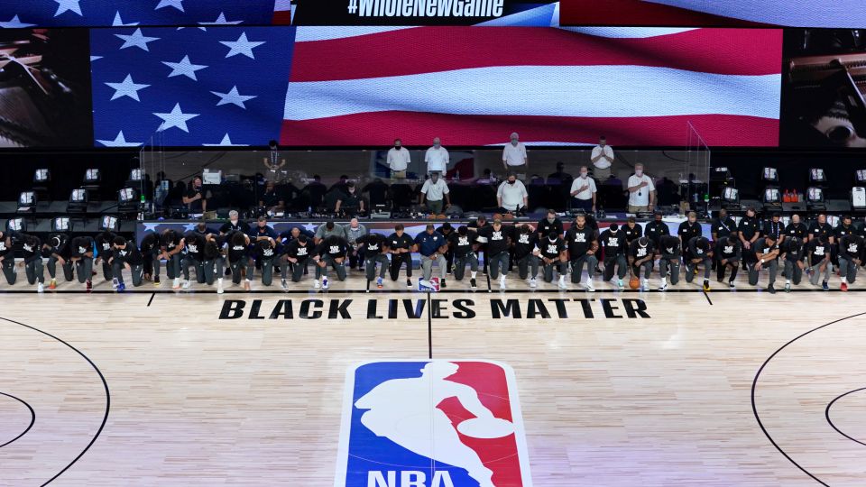nba, nba 2020, NBA players kneeling down in national anthem, Covid-19, Paul George, black lives matter, black lives, nba league , kneel down