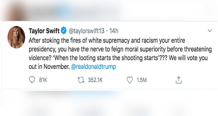 twitted, taylor swift , donald trump, protesters have been arrested, many policemen have been injured