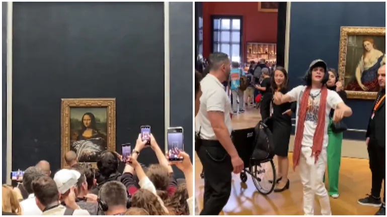 man dressed,  mysterious expression, older woman smears a cake on a portrait, Mona Lisa, people