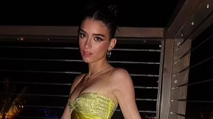 D'Amelio, learning , world, customized neon , customized neon yellow dress