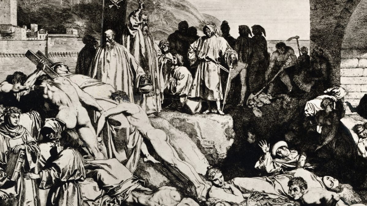 Black Death virus, plague, fever,  chills, vomiting, diarrhea, terrible aches, pains, death