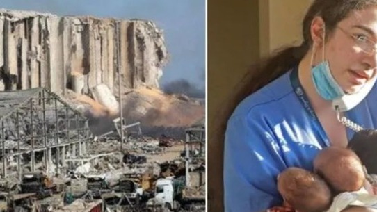 Beirut Blast : A Nurse Standing Tall Between All Chaos., Beirut Blast, Nurse, 'holding three newborn babies and surrounded by bodies and wounded.', 'heartbreaking yet hopeful', Beirut