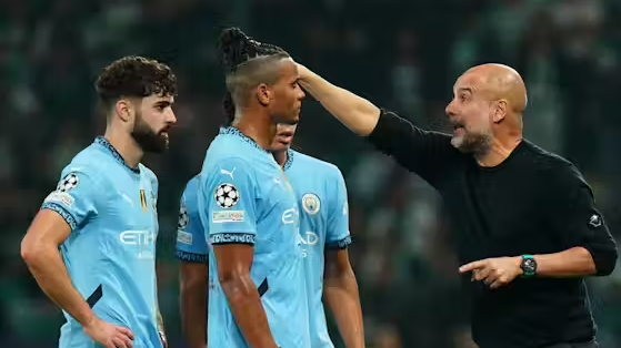 Manchester City defensive struggles,  Pep Guardiola Champions League,  Erling Haaland,  Alan Shearer Man City analysis,  City vs. Feyenoord,  Champions League standings,  defensive frailties.