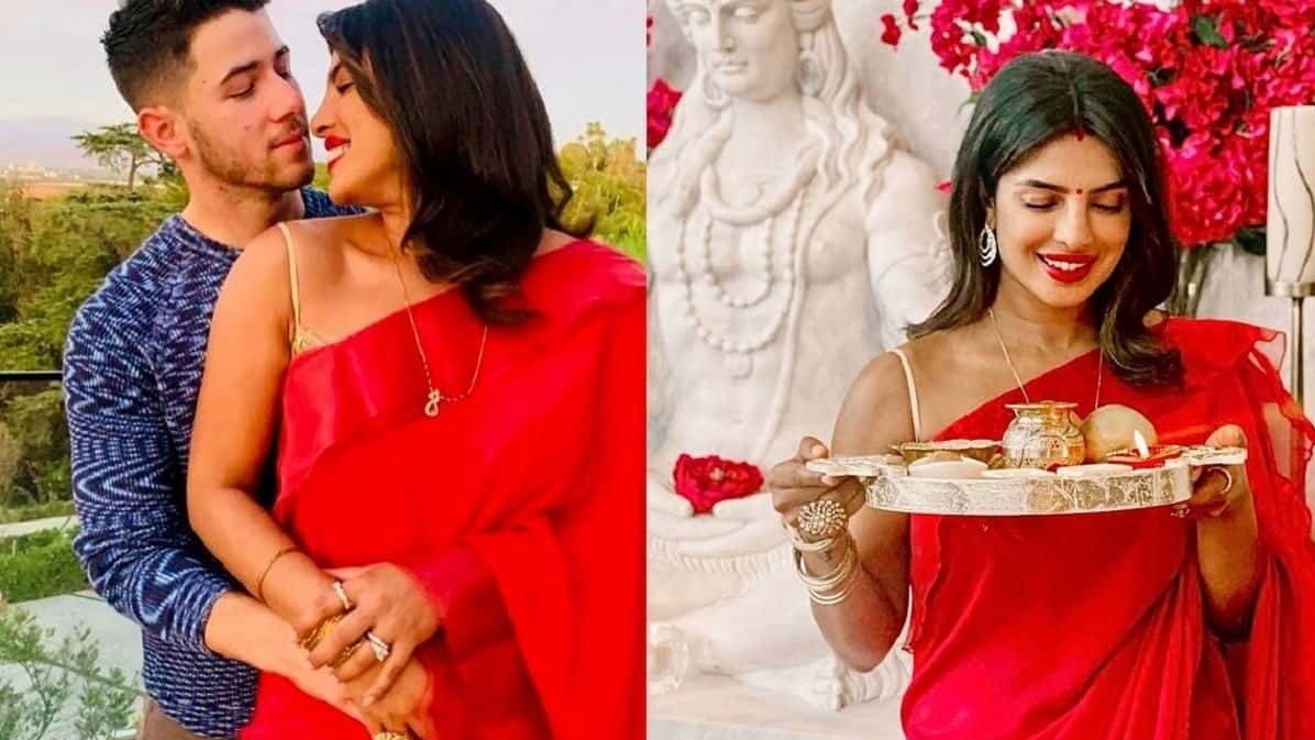 Priyanka Chopra, Nick Jonas, Bollywood, Hollywood, Karva Chauth, Aarti, Red Saree Priyanka chopra