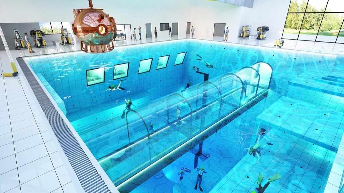 (around 148 feet) , Scuba jumpers, multi-million dollar office, sea, world deepest swimming pool
